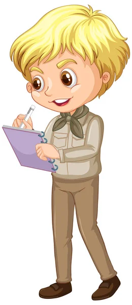 Niño feliz en uniforme de safari escribiendo notas sobre fondo blanco — Vector de stock