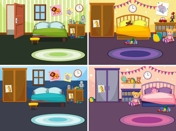 Four scenes of bedroom with different wallpapers — Stock Vector