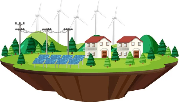 Scénářské domy se solárními články a větrnými turbínami — Stockový vektor