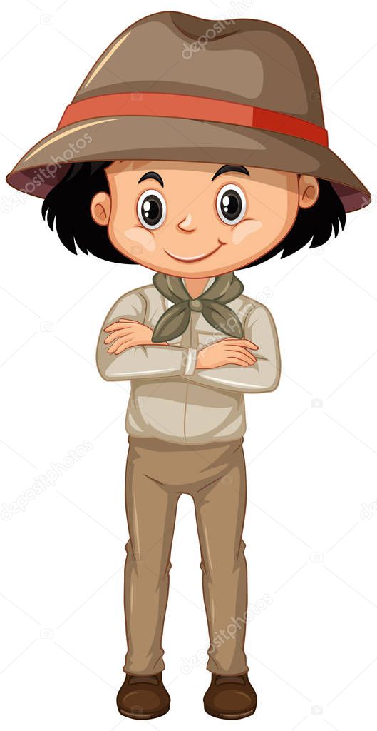 Girl in safari outfit standing on white background