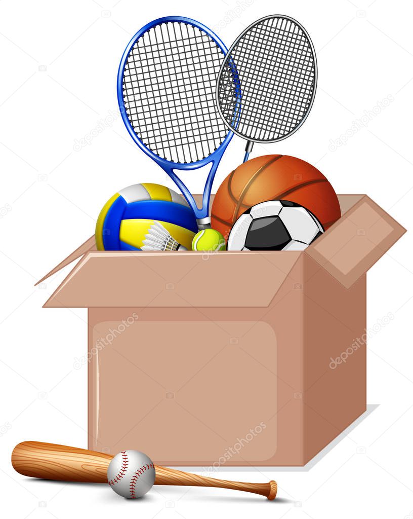 Cardboard box full of sport equipments on white background
