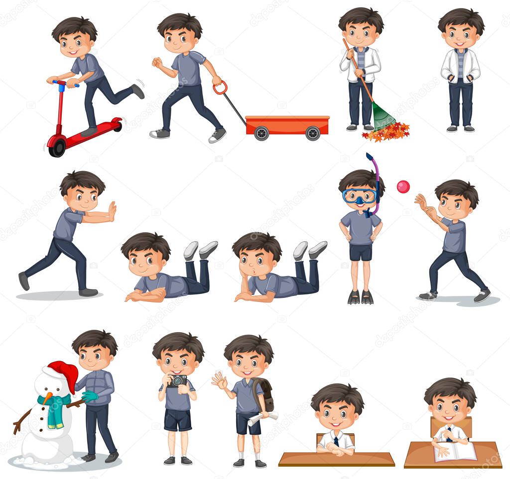 Set of boy in gray shirt doing different activities
