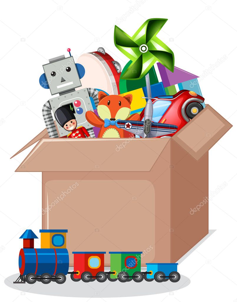 Cardboard box full of toys on white background