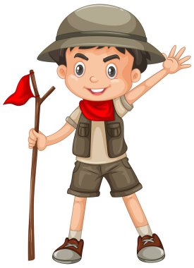 Beyaz arka planda safari kıyafeti giyen bir çocuk.
