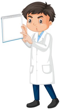 Beyaz arka planda laboratuvar önlüğü giyen çocuk.