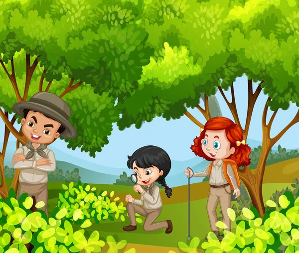 Scena con tre bambini nel parco — Vettoriale Stock