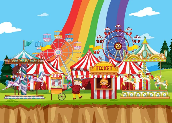 Cirkusová scéna s mnoha vyjížďkami ve dne — Stockový vektor
