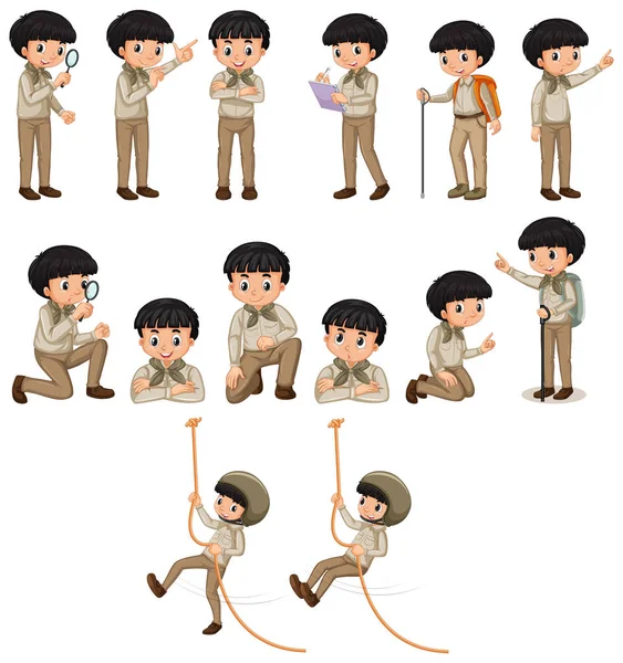 Boy in safari outfit doing many activities on white background — Stock Vector