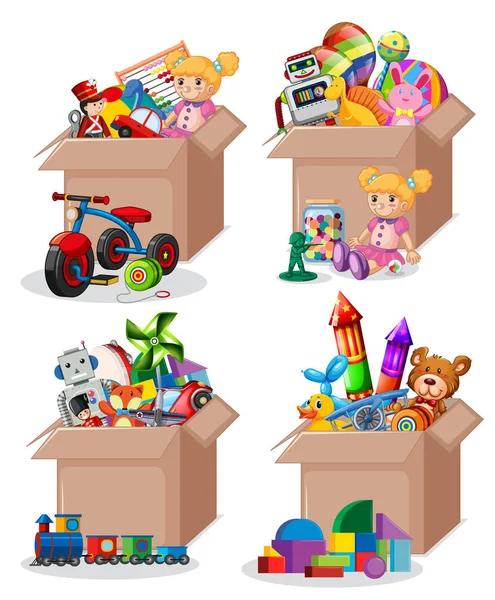 Set of boxes full of toys — 스톡 벡터