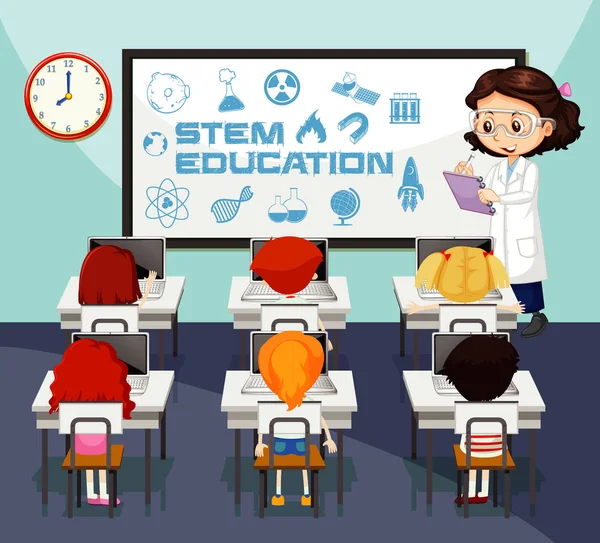 Escena con el profesor y los estudiantes en clase de ciencias — Vector de stock