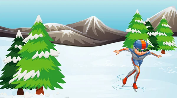 Escena con atleta haciendo iceskate en el campo — Vector de stock