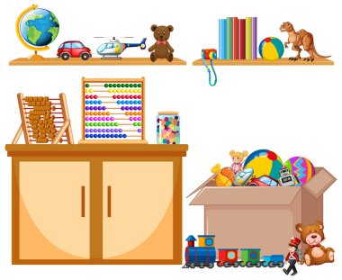 Beyaz arka planda oyuncaklarla dolu raflar ve kutular