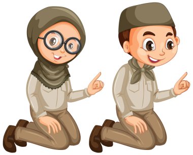 Beyaz arka planda izci üniforması giyen kız ve erkek.