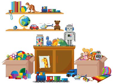 Beyaz arka planda kitap ve oyuncaklarla dolu raflar.