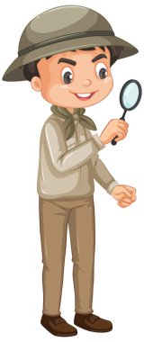 Beyaz arka planda safari kıyafeti giyen bir çocuk.