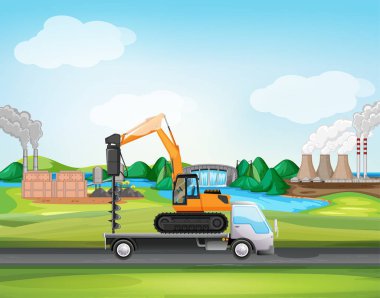 Endüstriyel bölge boyunca giden kamyonetli sahne