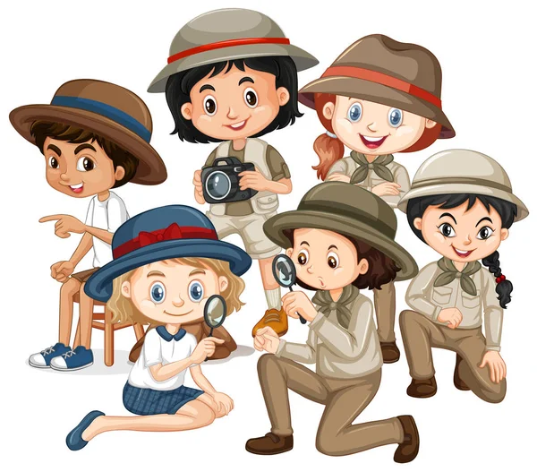 Many children in brown uniform doing different things — Stock Vector