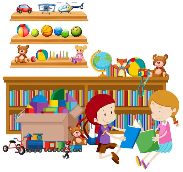 Полка полная книг и игрушек на белом фоне — стоковый вектор