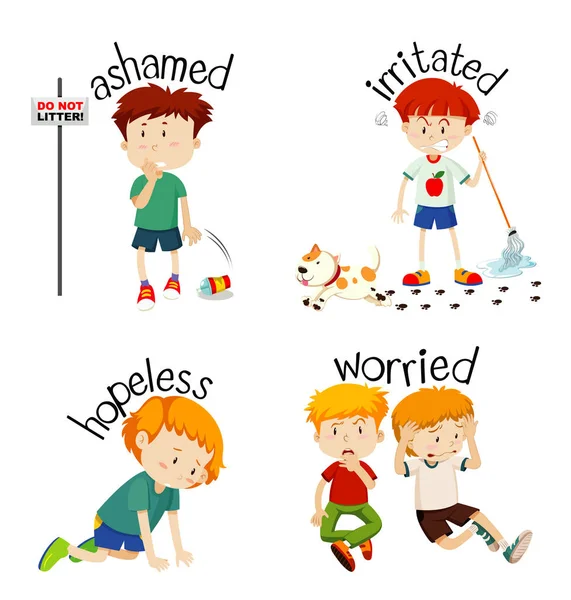Прилагательные слова с ребенком, выражающие их чувства — стоковый вектор