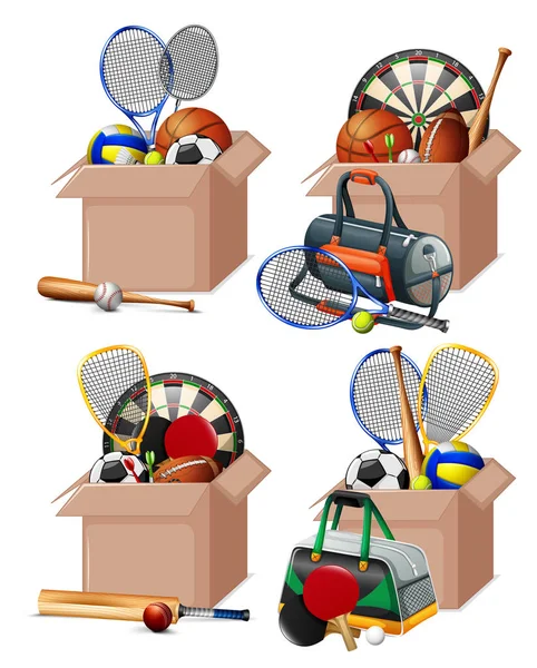 Set of boxes full of sport equipments on white background — Stock Vector