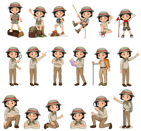 Girl in scout uniform doing different activities — Stock Vector