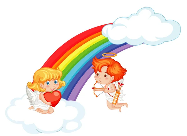 Valentine theme with cupids flying around the rainbow — Stock Vector