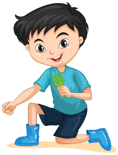 Junge mit Gartengabel auf isoliertem Hintergrund — Stockvektor
