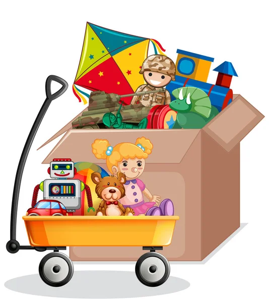 Cardboard box full of toys on white background — 스톡 벡터