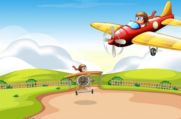 Escena con dos pilotos volando aviones en el cielo — Vector de stock