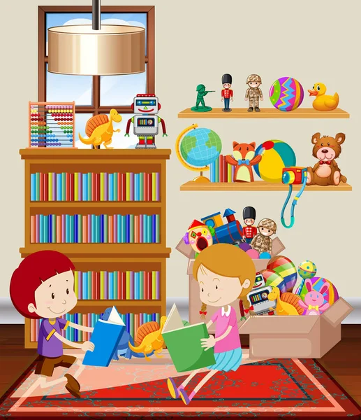 Scene with two kids reding book in the room — 스톡 벡터