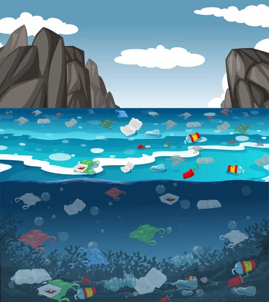 Pollution de l'eau avec des sacs en plastique dans l'océan — Image vectorielle