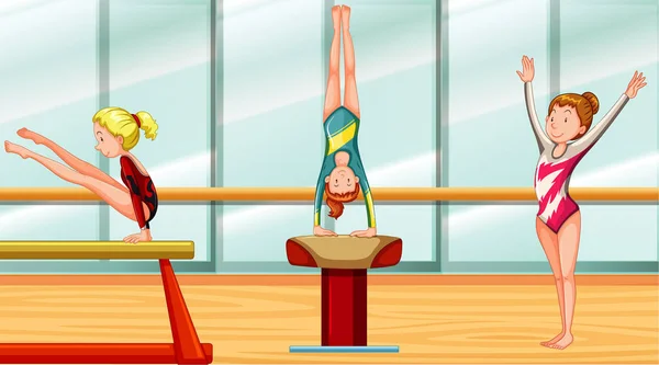Athlètes de gymnastique pratiquant dans la salle de gym — Image vectorielle