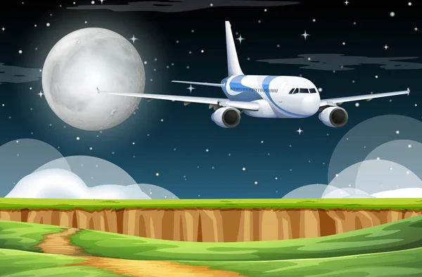 Geceleri gökyüzünde uçan bir uçak sahnesi — Stok Vektör