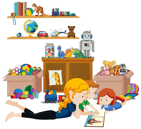 Shelf full of books and toys on white background — Stock Vector