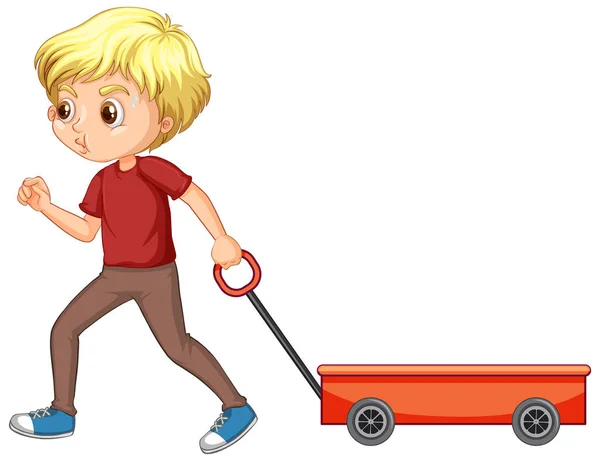 Happy boy pulling wagon on white background — Stock Vector