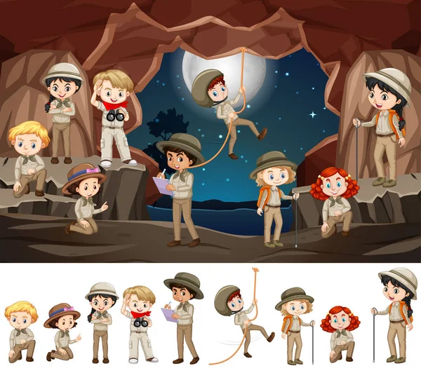 Scena con molti bambini nella grotta — Vettoriale Stock