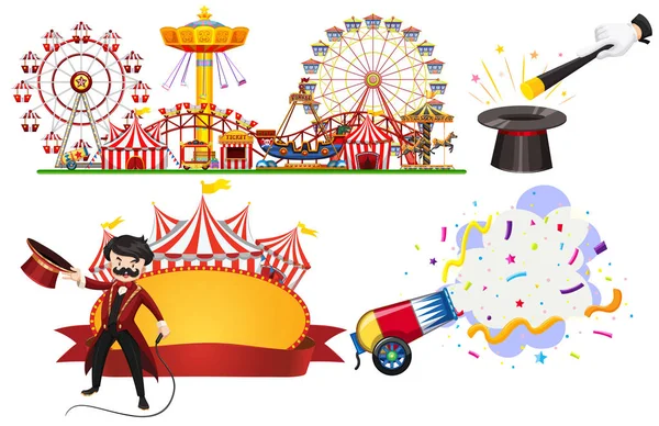 Panneau de cirque et scène de parc thématique sur fond blanc — Image vectorielle