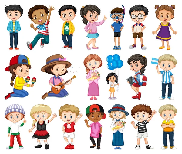 Large set of boys and girls doing different activity on white ba Royalty Free Stock Vectors