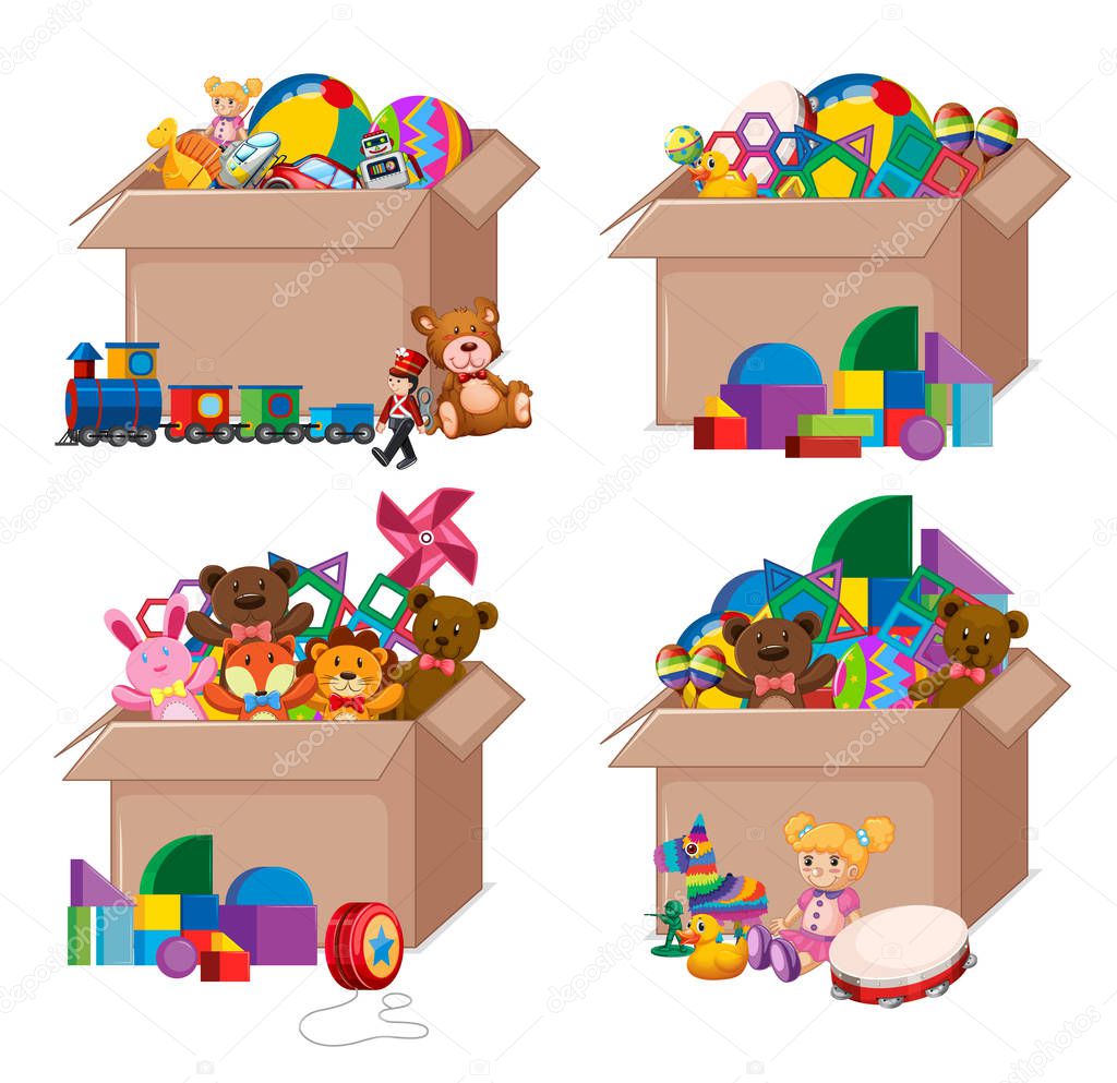 Set of boxes full of toys on white background