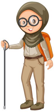 İzci üniformalı Müslüman bir kız. Sırtında yürüyüş sopası var.