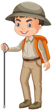 Beyaz arka planda safari kıyafeti giyen bir çocuk.