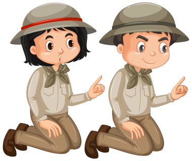 Beyaz arka planda safari kıyafeti giyen kız ve erkek.