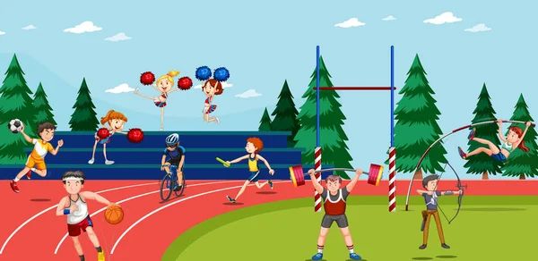 Scène de fond avec des athlètes faisant des épreuves d'athlétisme — Image vectorielle