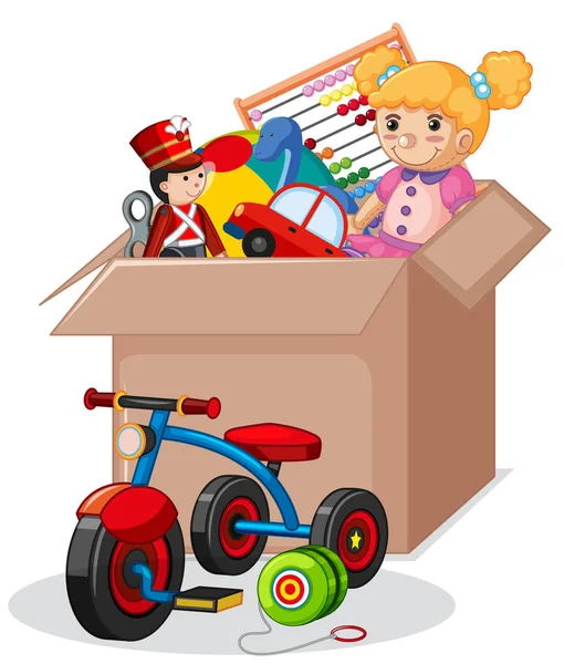 Caja de cartón llena de juguetes sobre fondo blanco — Vector de stock
