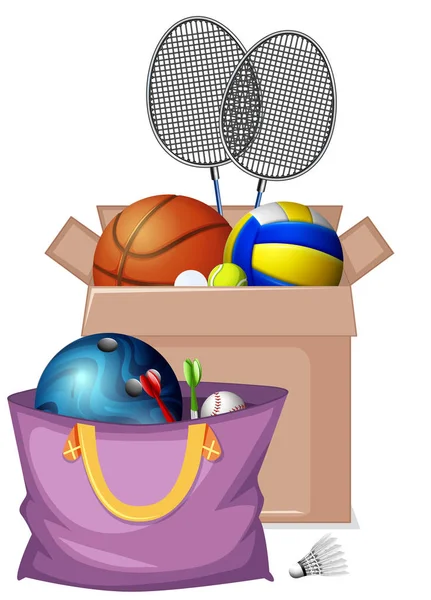 Cardboard box full of sport equipments on white background — Stock Vector