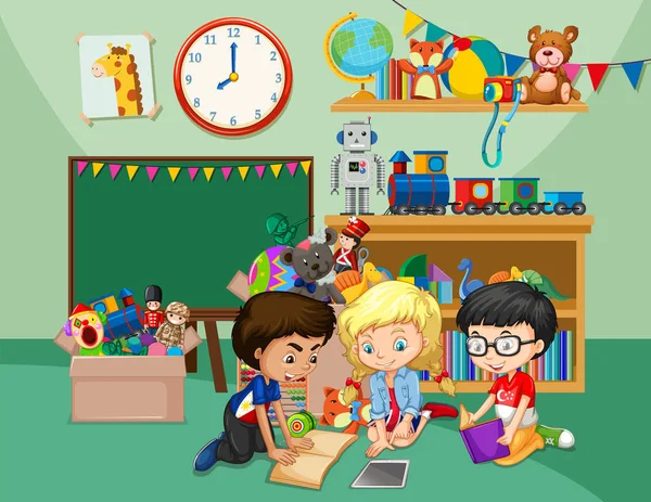 Scena z trójką dzieci czytających książki w klasie — Wektor stockowy