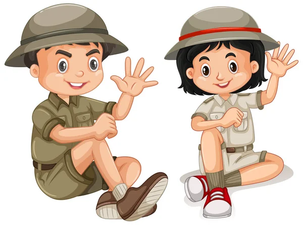 Niño y niña en traje de safari sobre fondo blanco — Vector de stock