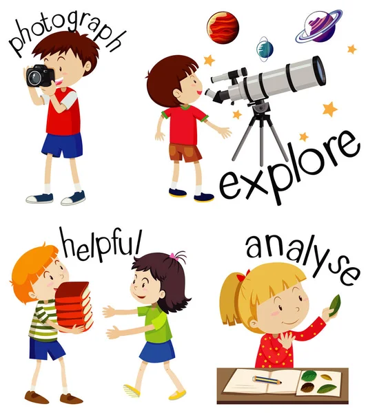 Ensemble d'enfants faisant des activités avec des verbes d'action — Image vectorielle