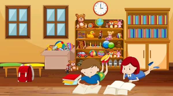 Scene with kids reading in the room — 스톡 벡터