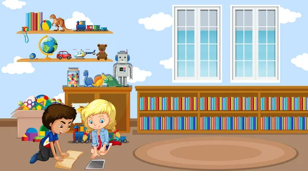 Scena con due bambini che leggono un libro in classe — Vettoriale Stock